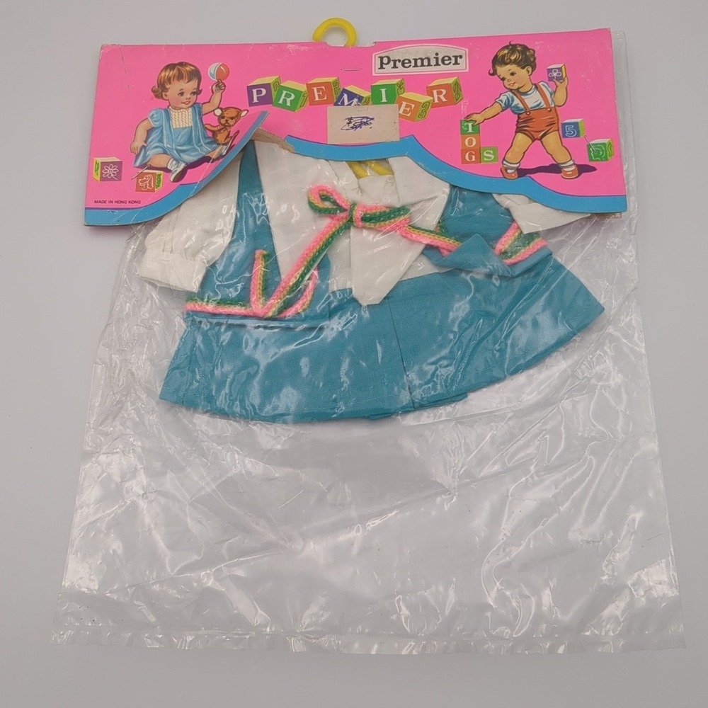 Vtg Premier Doll Togs Dress Up Fun 8" Doll Clothes Blue White Dress W/Vest NOS